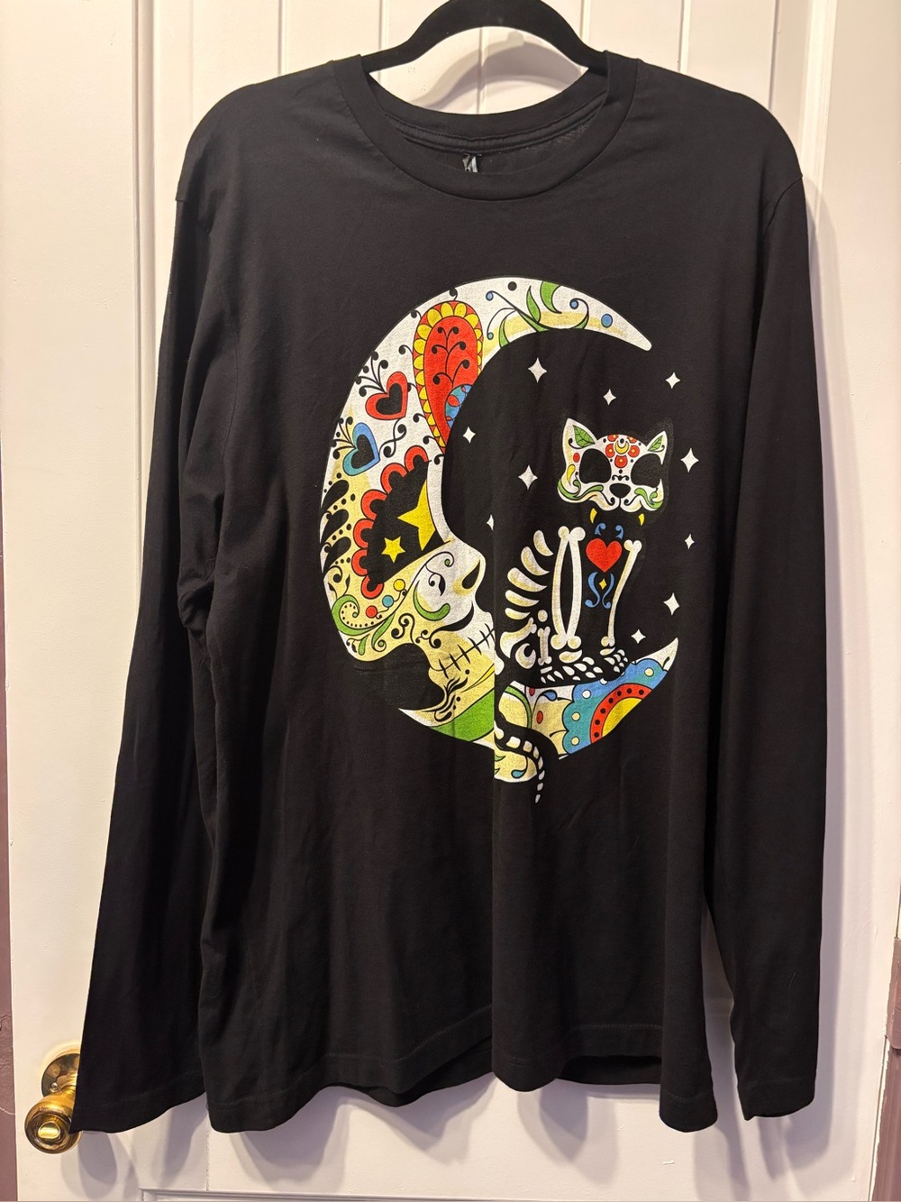 Unisex XL Black Long Sleeve Graphic T-Shirt - Day of the Dead Moon & Cat